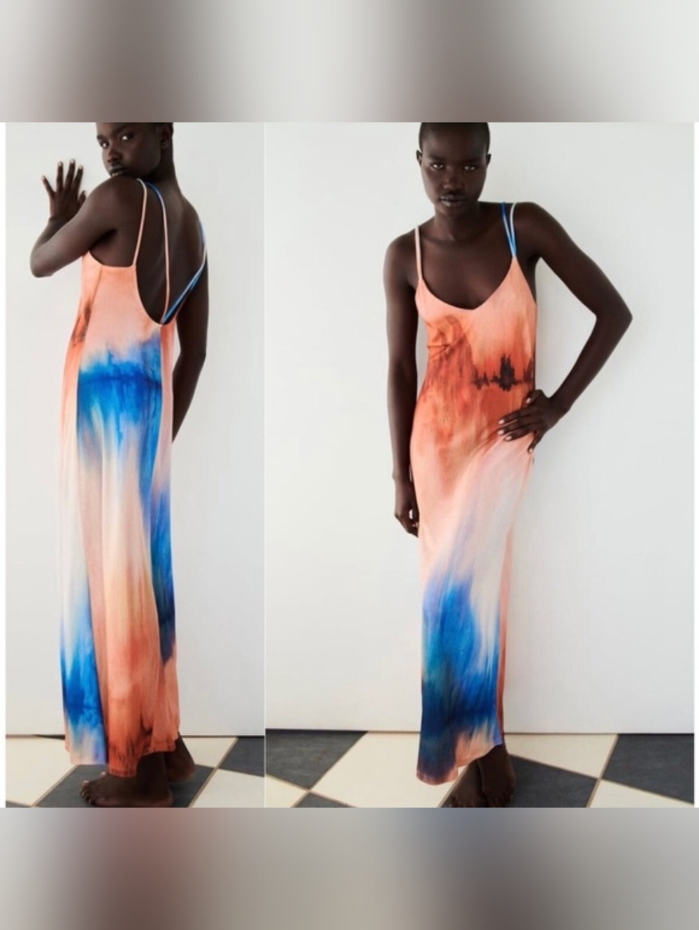 🌈 Zara | Orange & Blue Tie-Dye Maxi Dress | Size M | Boho Chic Vibes